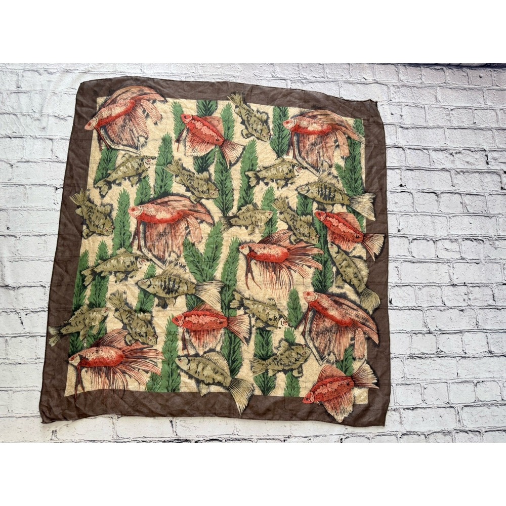 Vintage Angel Asian Fish Pattern 31" Square Neck Scarf Made In Japan Rayon EUC